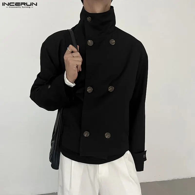 INCERUN 남성 트렌치 솔리드 스탠드 칼라 긴 소매 더블 브레스티드 남성 코트 스트리트웨어 루즈 패션 캐주얼 크롭 윈드브레이커