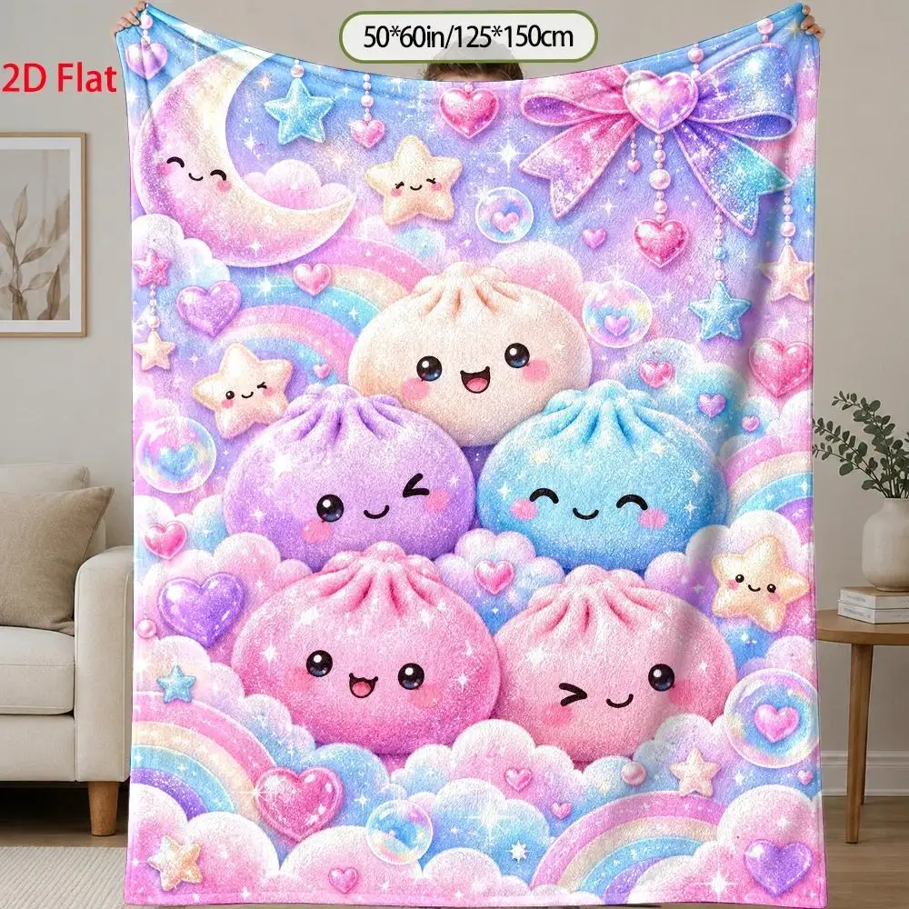2D Flat, 280G/Square Meter, Cute Dumpling Pattern Flannel Blanket, Flannel Blanket with Dreamy Watercolor-Like Shiny Dumplings, Plush Blanket with Sparkling Hearts and Stars, Christmas Gift, Birthday Gift