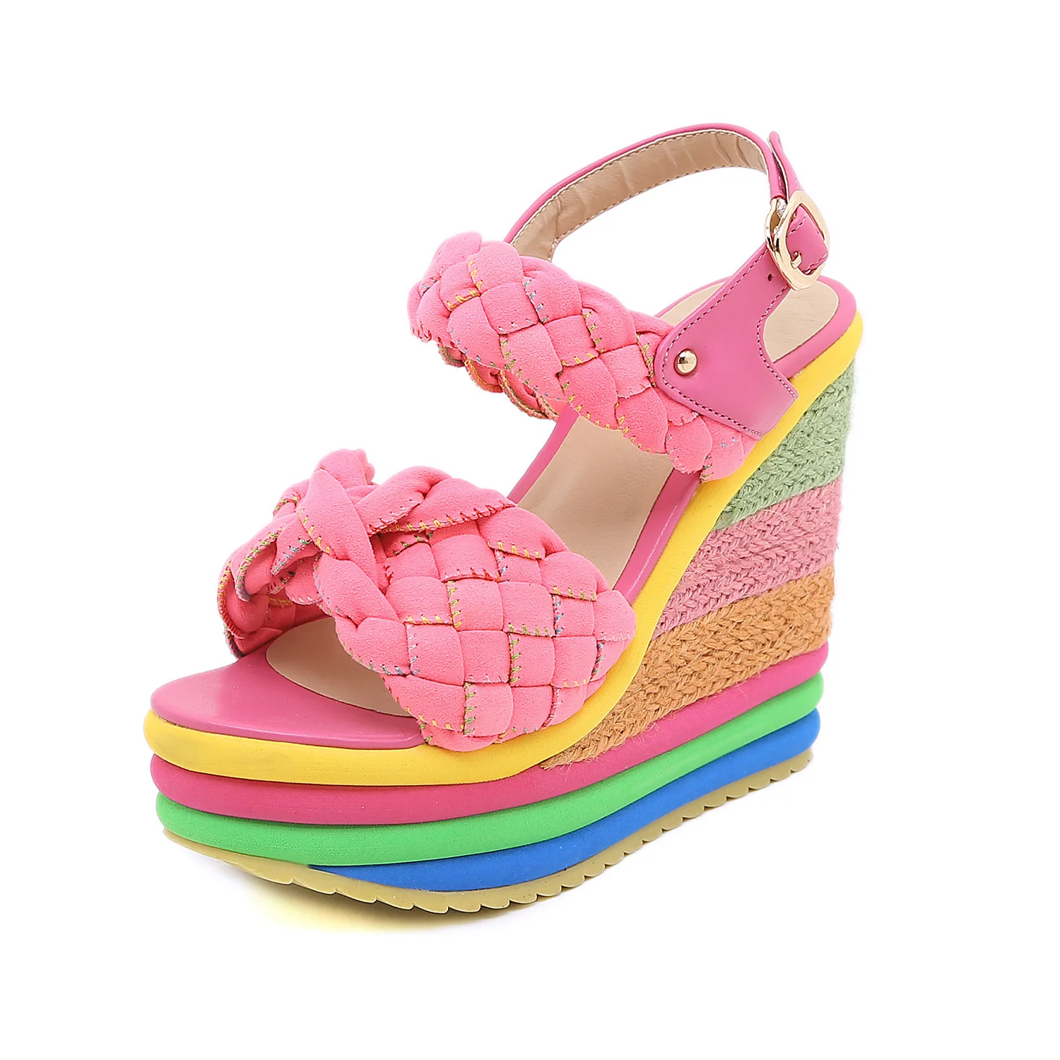 Rainbow Wedge Sandals Women Open Toe Weave Sandalias Custom Summer Women Shoes Platform Plus Size High Heels sandales WSH4563