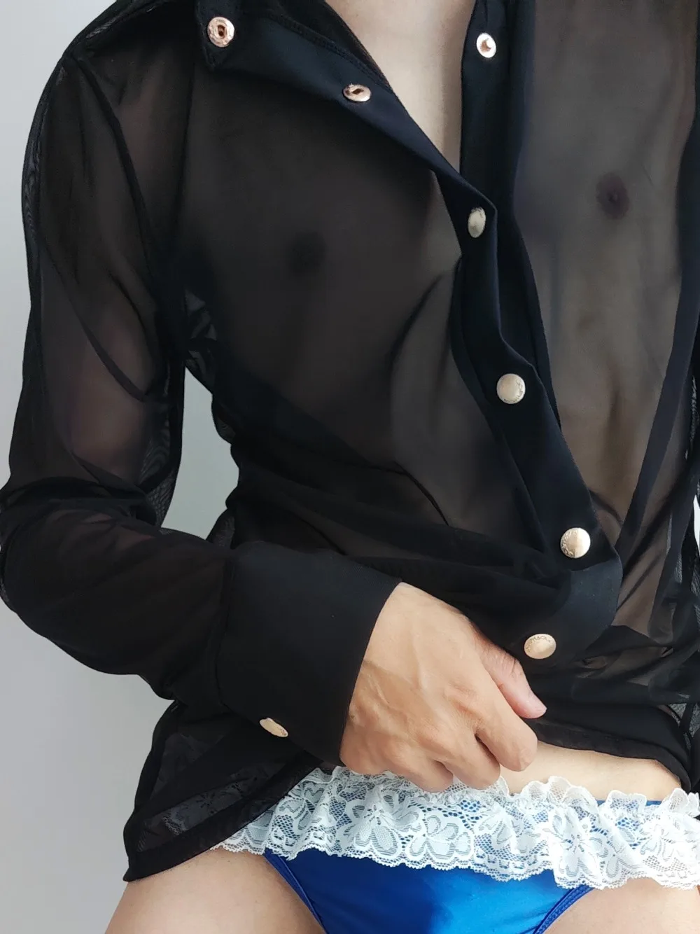 Men's See Through Long Sleeve Button Front Collar Neck Mesh Shirt Top High Elastic Dance Shirt Sexy Costume Party Stage Wear