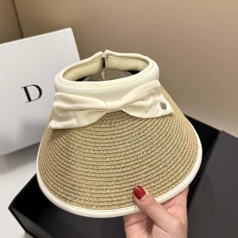

UPF50+ Fine Straw Sun Visor Women Blackout Lining Bow Lightweight Foldable Beach Hat Adjustable Outdoor Cap Free Shipping​​