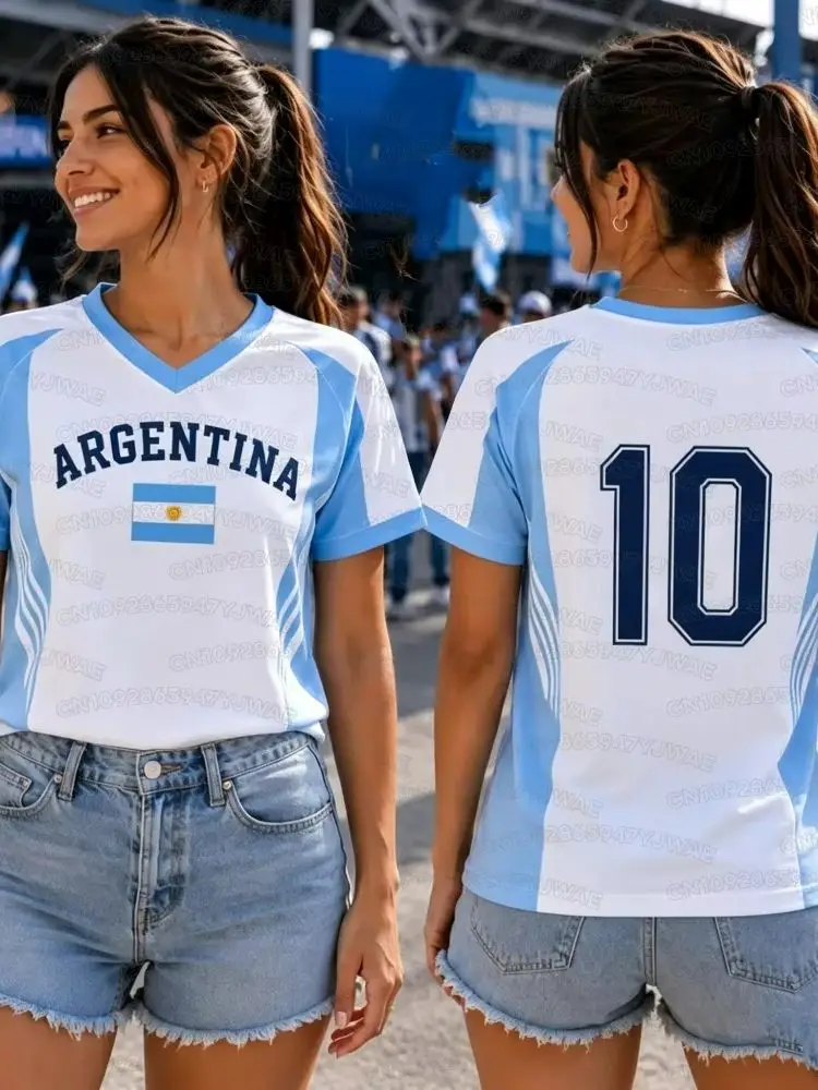 Sommer Damen Herren Argentinien-Druck V-Ausschnitt Kurzarm T-Shirt Grafik-Tee Trikots Übergröße Sport-T-Shirt Fußball-Fans – Detail 3