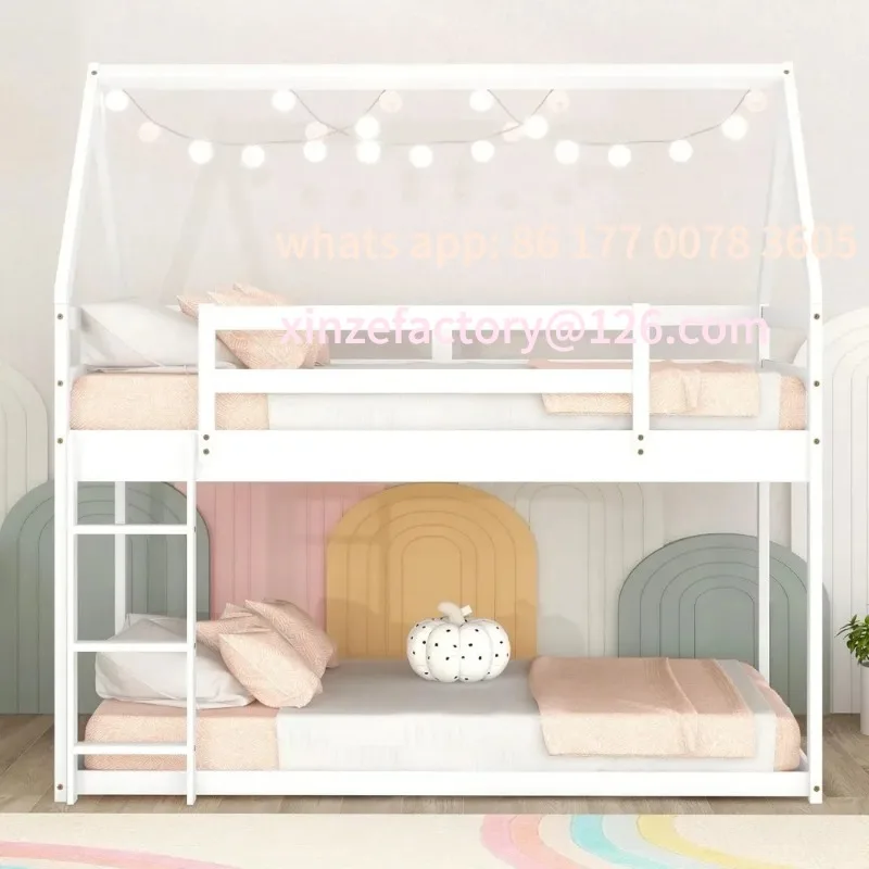 Customizable Twin Over Twin House Bunk Bed for Kids,Floor Low Bunk Beds with Ladder and Guardrails,Solid Wood Twin Size