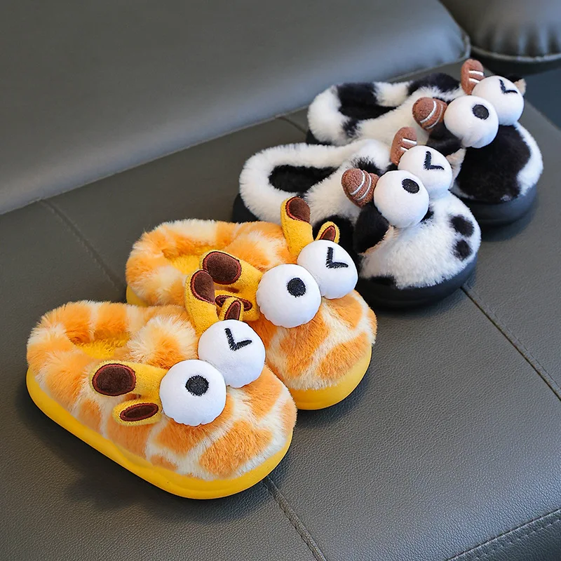 Kids Cotton Slippers Boys Autumn Winter Indoor Shoes 2024 New Cute Cartoon Cow Children Anti-slippery Home Footwear for Girls