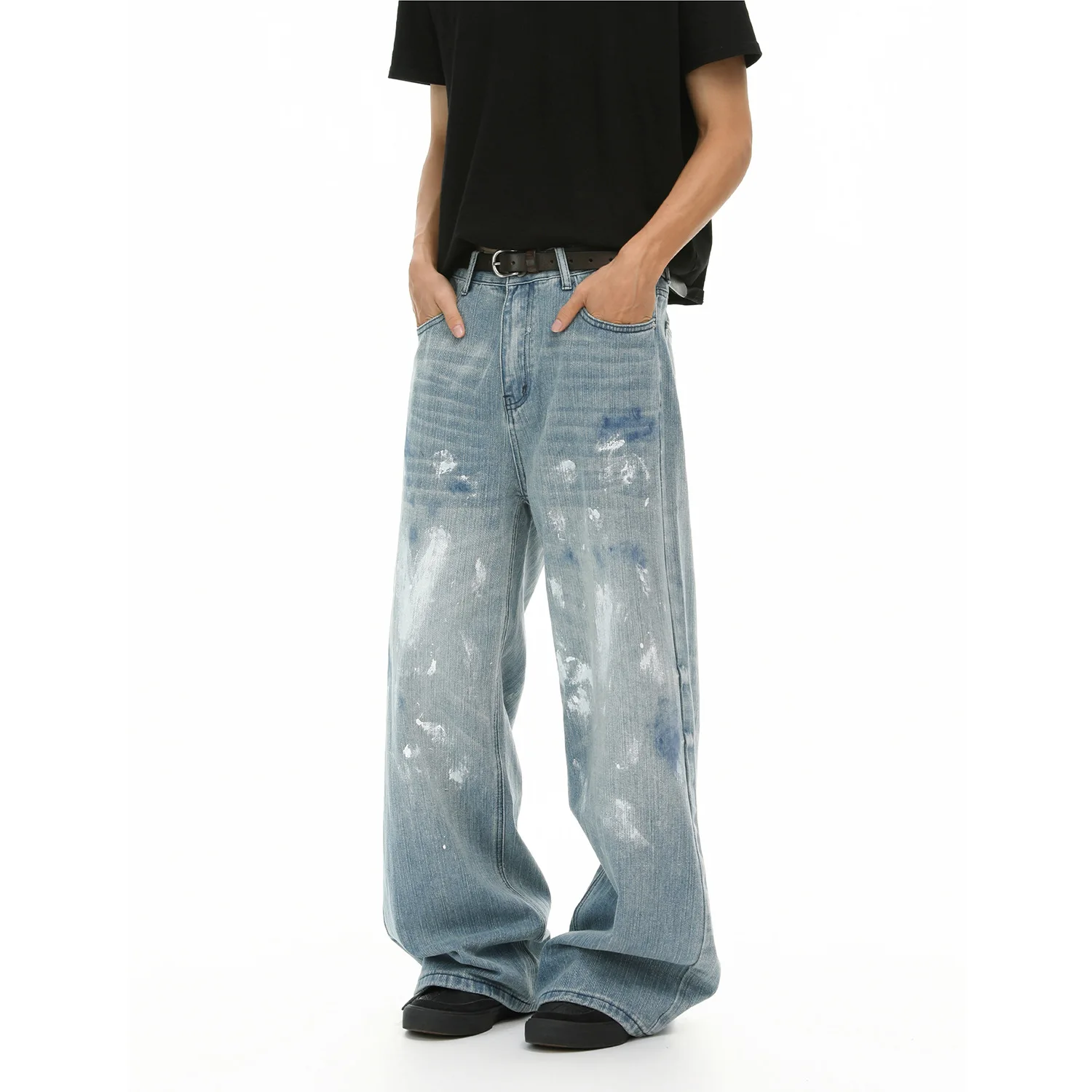 2026 New Men's Ink Splashing Graffiti Washed Old Straight Jeans American Casual Wide-leg Pants
