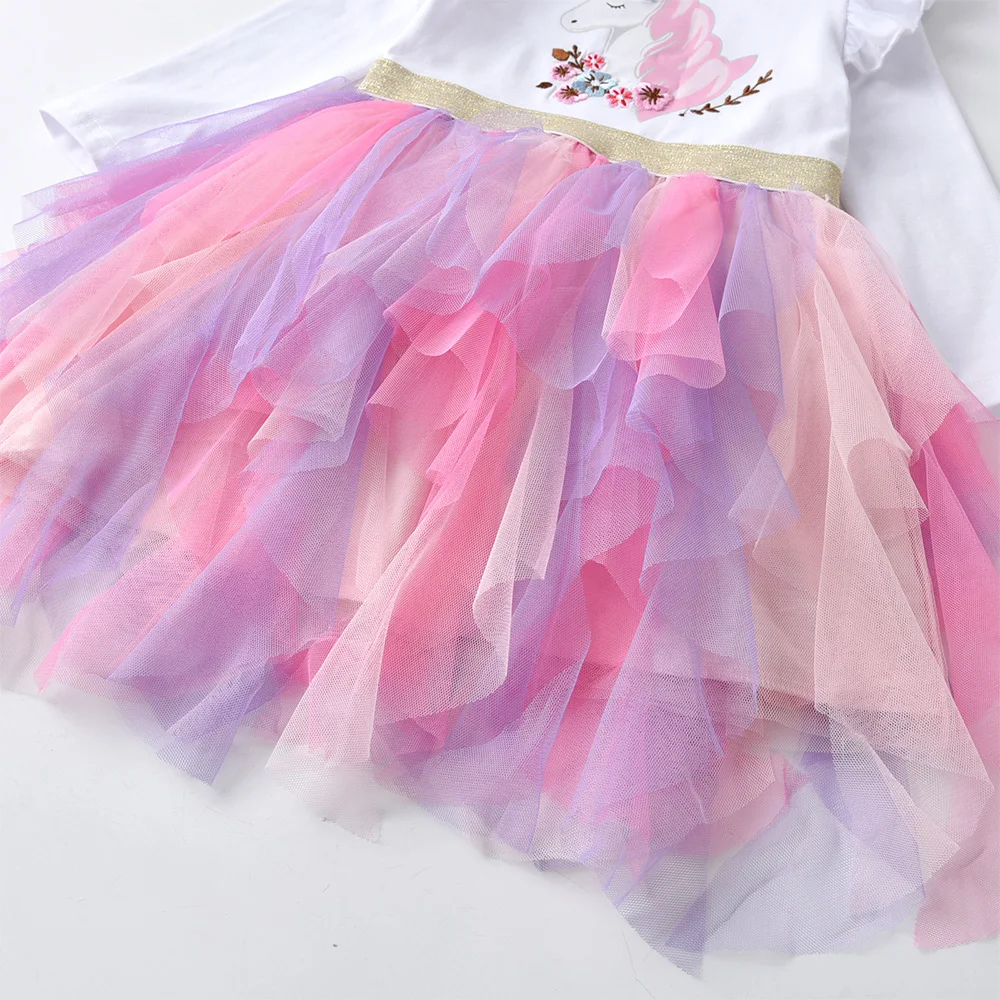 VIKITA Kinder Langarm Herbst Frühling Kleid Mädchen Licorne Blumendruck Cartoon Kleid Mädchen Unregelmäßige Mesh Tüll Prinzessin Kleider – Detail 6