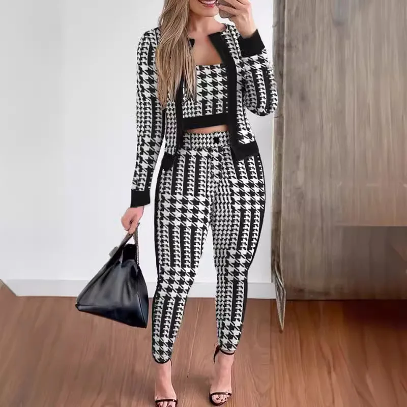 Women Sets Outifits 2025 Spring Autumn 3 Piece Set Plaid Print Crop Top Pants Set With Coat Fashion Casual Elegant Female Set