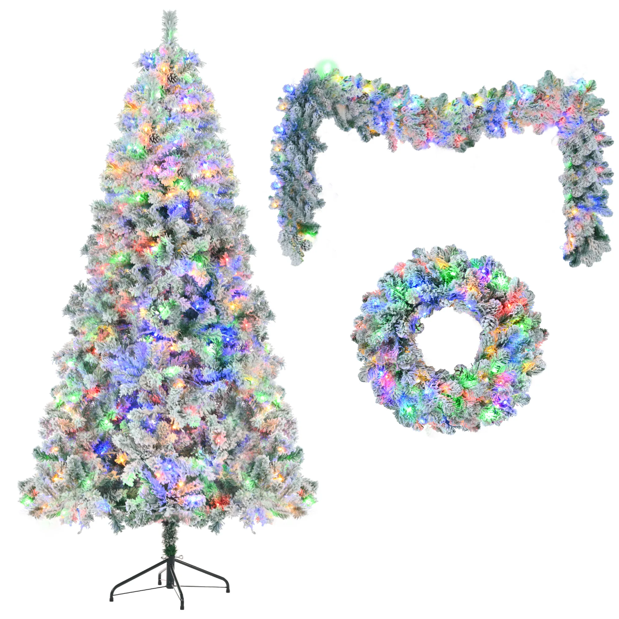 

Snow Covered Christmas Tree Light Set with Tree and Garland and Wreath Artificial Hinged Christmas Tree with Colored LED Lights