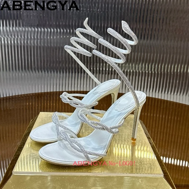 Hot Sale High Heels Sandals Woman Rhinestone Twine Around Ankle Snake Wedding Shoes Crystal Gladiator Summer Sandals Women