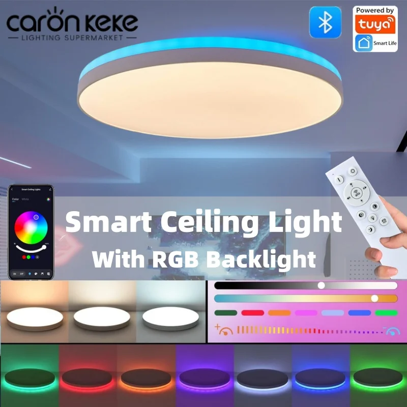 Smart LED Ceiling Light with RGB Backlight Bluetooth Tuya APP Remote Control Dimming Living Room Bedroom Home Decor Ambient Lamp