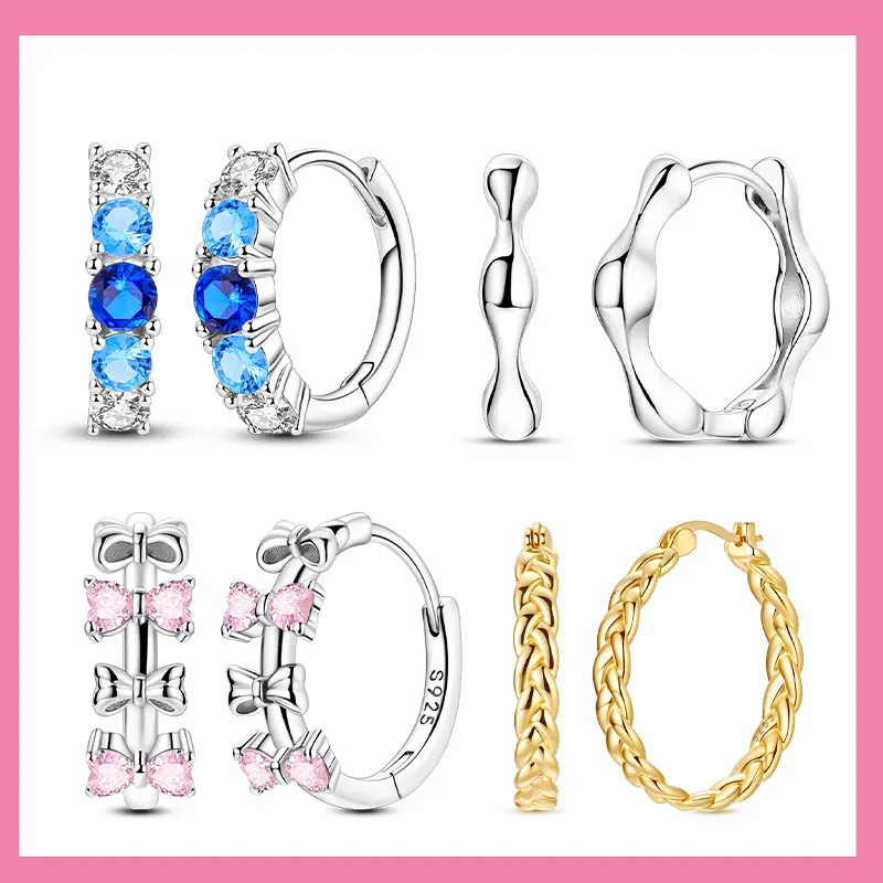 925 Sterling Silver Blue Gradient Pink Heart Butterfly Hoop Earring Suitable for Women DIY Birthday and Anniversary Jewelry Gift