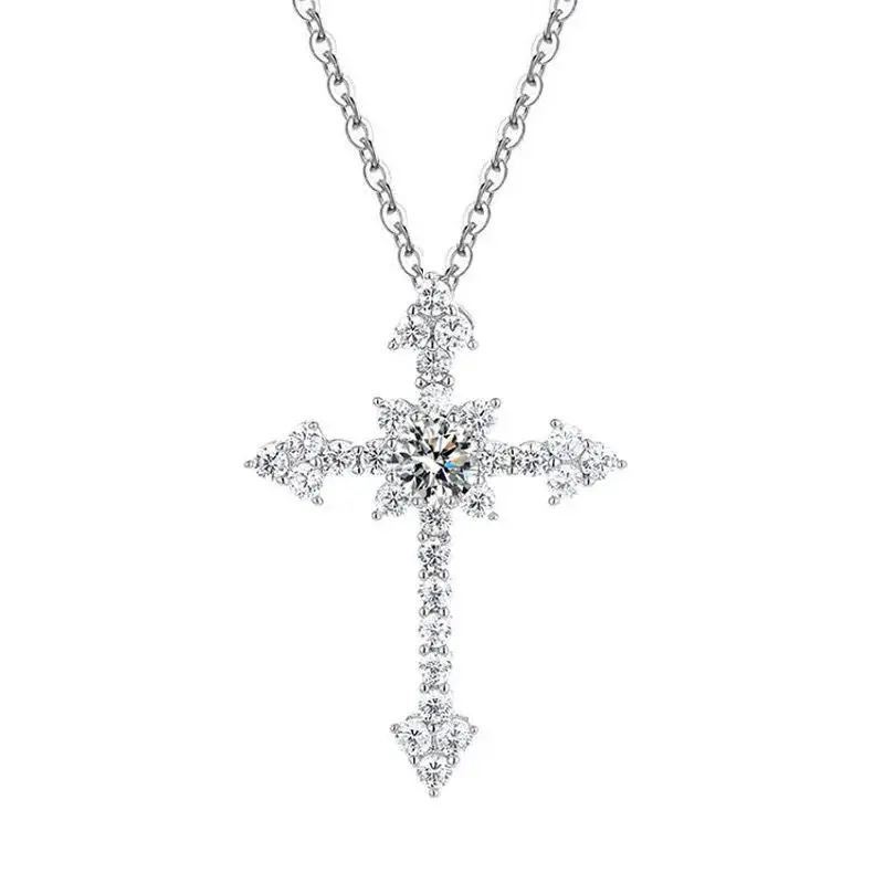 QXJEWEL  D Color Moissanite Cross Necklace in Silver Plated White Gold  Chain GRA Fine Jewelry