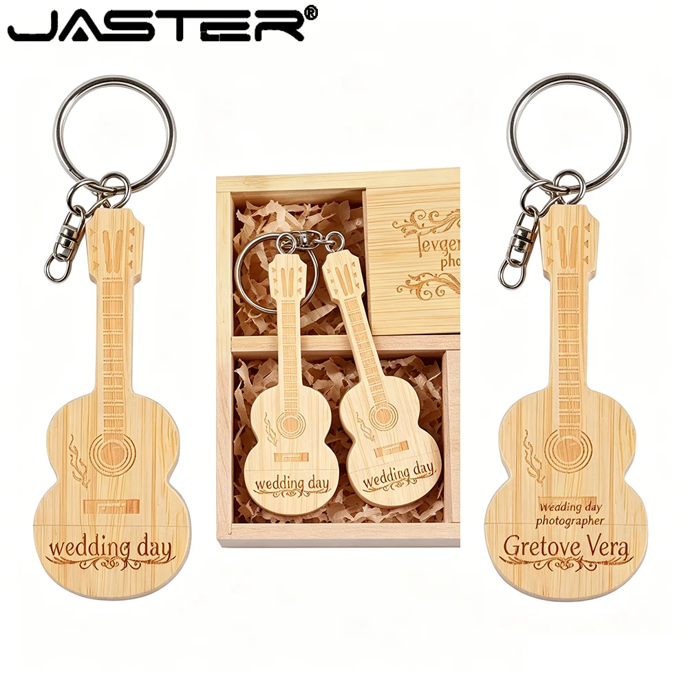 

JASTER Wood Guitar USB Flash Drives 128GB Free Custom Logo Pen Drive 64GB Wooden Box Memory Stick Music Creative Wedding Gift 8G
