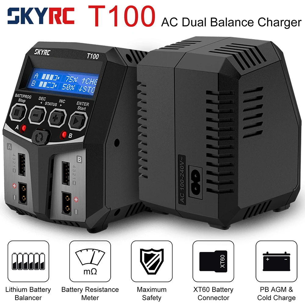 SKYRC T100 AC Lipo Battery Balance Charger Dual 5A 2X50W 2-4S Charger for NiMH / NiCd / LiPo / LiFe / Lilon / LiHV / Pb battery