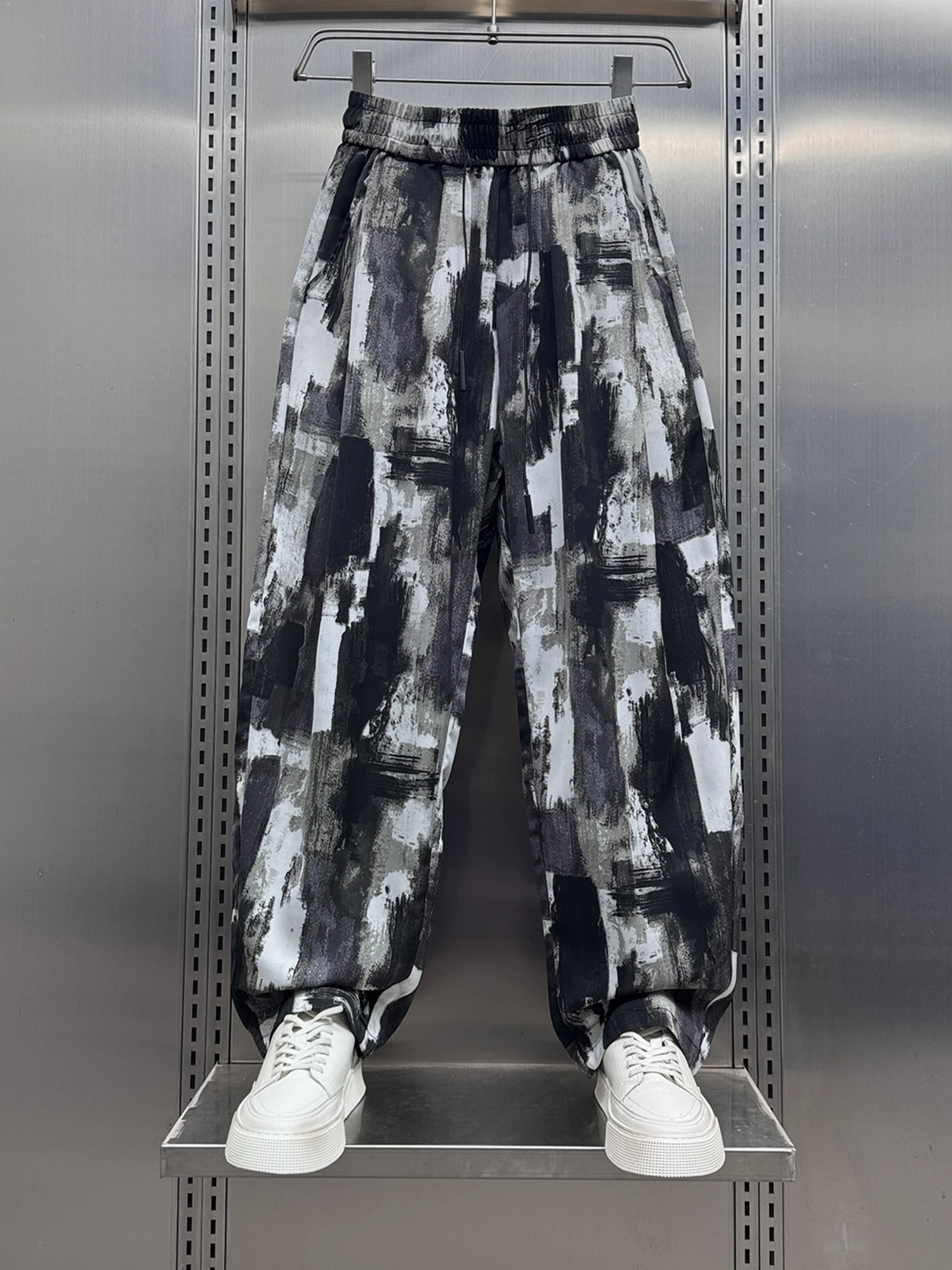 2025 Summer New Ink Tie-dye Flower Pants Men's Ice Silk Drape Cool Feeling Versatile Loose Straight Casual Pants