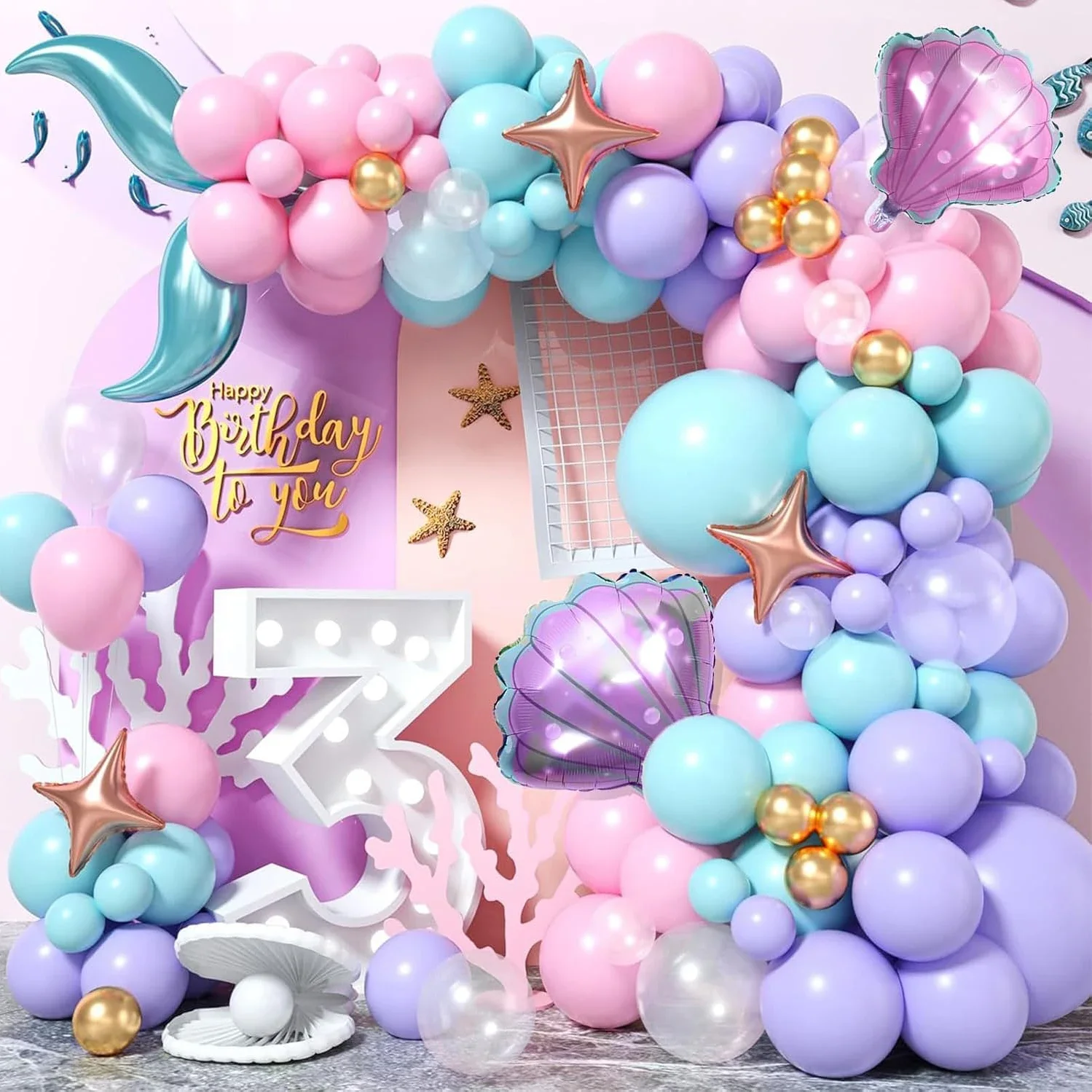 

Zeemeermin ballonboogkit | Pastelroze, paarsx/folieballonnen | Zeemeerminstaart, schelp, ster Oceaan thema verjaardag