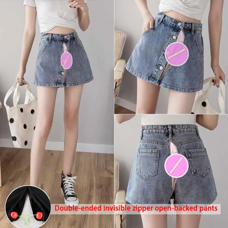 Denim Skirt Women's Invisible Open Crotch Double-Layer Shorts Women's Skirt Pant Summer High Waist Versatile Loose Wide-Leg Pant