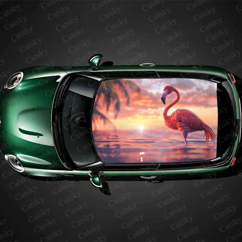

Beach Pink Flamingo Print Car Roof Sticker Wrap Racing SUV Auto Accessories Packaging PVC Car Hood Graphic Decal Decoration