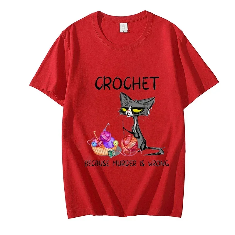 T-shirt à manches courtes au crochet pour femme, t-shirt décontracté, vêtements esthétiques, t-shirt d'été, chat, parce que le meurtre est une mauvaise attitude