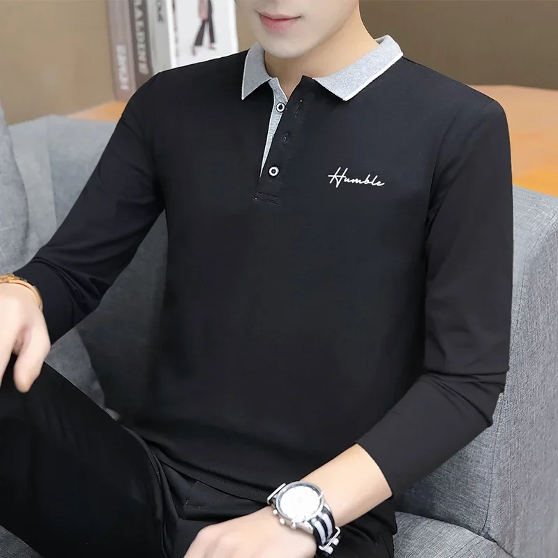 Spring and Autumn New Casual Men\'s Long-sleeved T-shirt Men\'s Polo Bottoming Shirt Elastic Lapel Men\'s T-shirt Tops