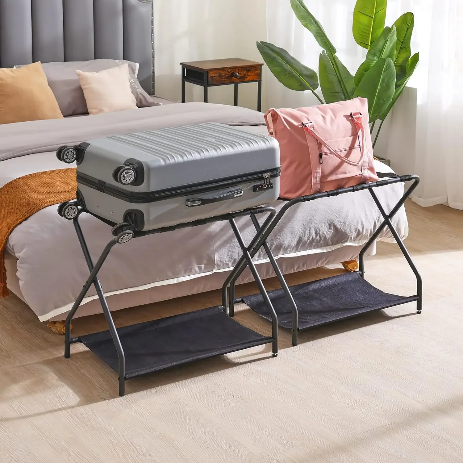 Luggage Rack, Set of 2, Foldable Suitcase Stands for Guest Room, Metal Luggage Holder with Storage Shelf for Bedroom,