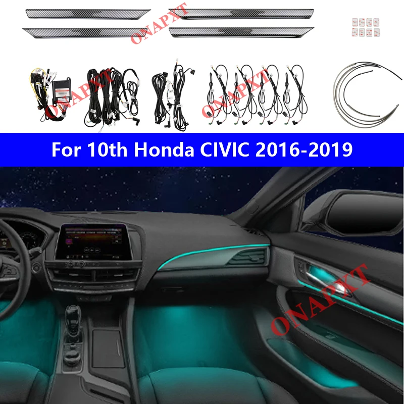 

Для 10-го Honda CIVIC 2016-2019, кнопка и управление через приложение, 64 цвета, декоративное окружающее освещение, светодиодная атмосферная лампа, полоса с подсветкой