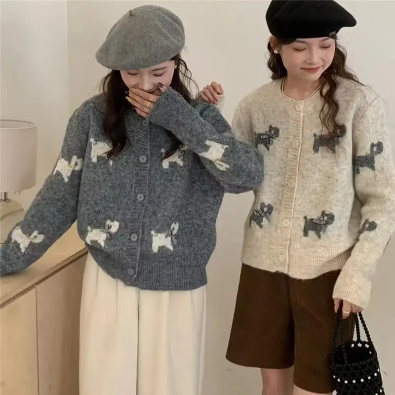 Faul Stil Vintage Cartoon Pullover Strickjacke Frauen Frühling Bogen Weiche Stricken Top Mantel Rundhals Lose Fit Casual Outwear Nette Kawaii