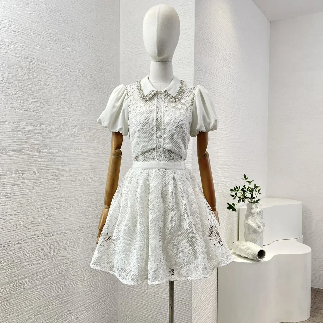 

Women Sweet Pearl High Quality Mini Dress Ivory White Diamonds Lace Patchwork Hollow Out Short Sleeve Female Dresses for Party