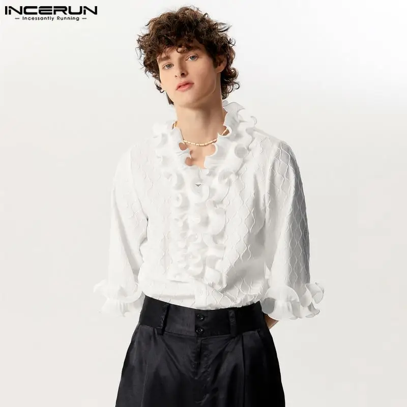 INCERUN Tops 2024 Handsome New Men\'s Ruffled Edge Patchwork Texture Shirts Male Leisure Streetwear Solid 3/4 Sleeve Blouse S-5XL