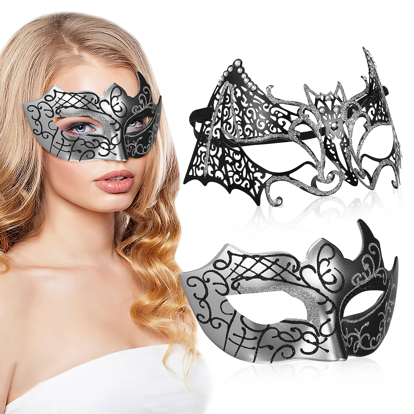 

2 pcs Silver Masquerade Mask Design Comfortable Cosplay Mask Masquerade Party Decorations Halloween Costume Props