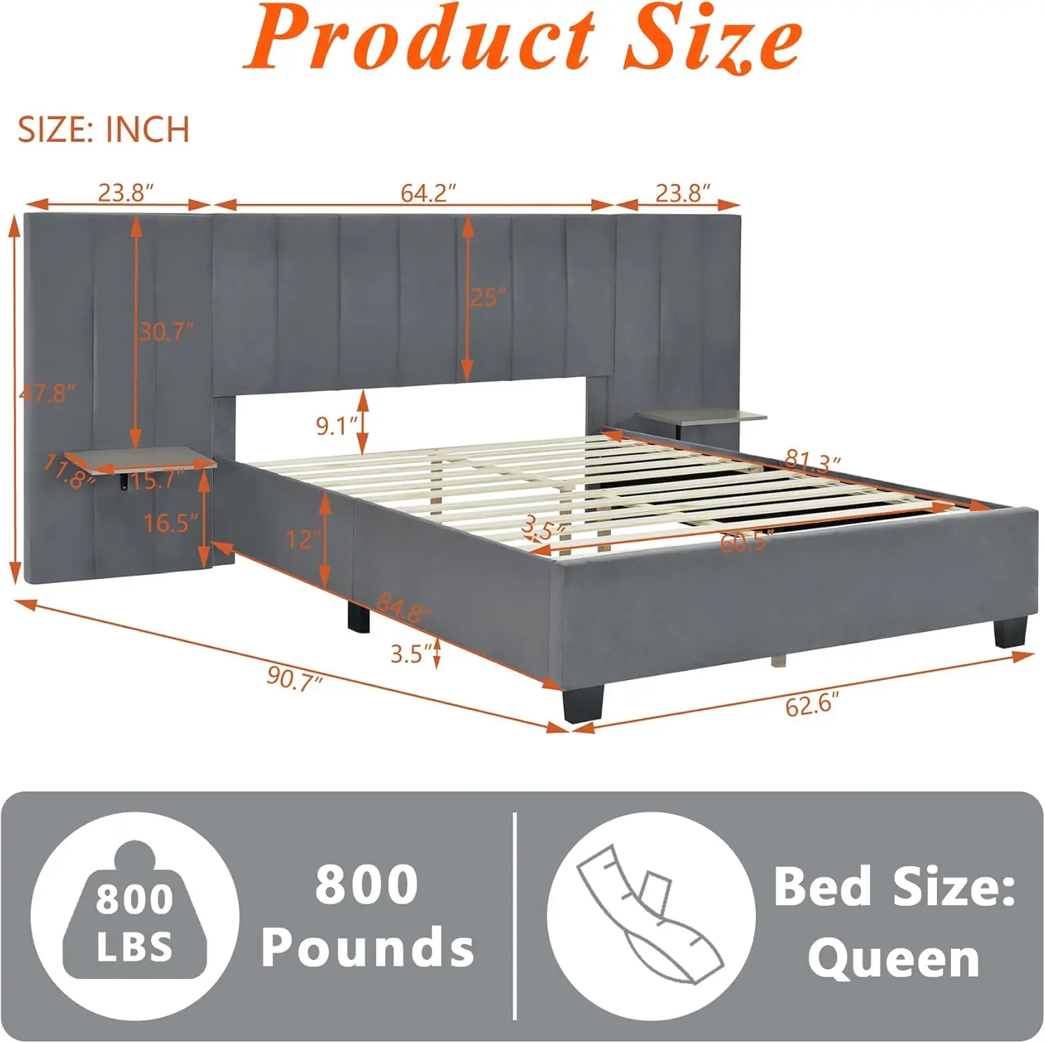 Luxury Bed Frame with Tall Headboard, Tall Upholstered Bed Frame Queen with Integrated Bedside Shelves, Modern Bed Frame