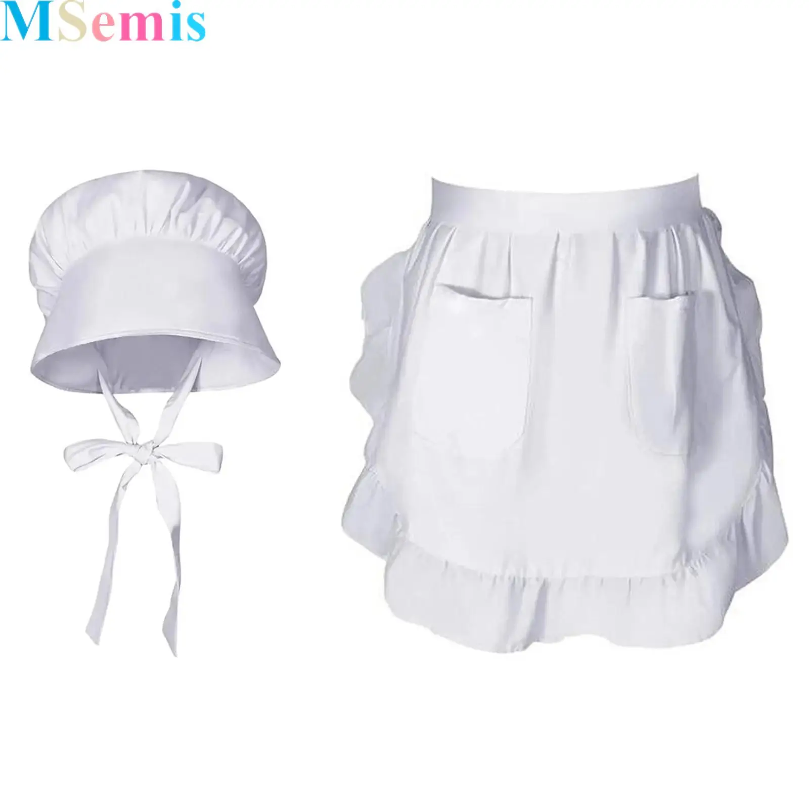 

Bonnet Colonial Hat Maid Cap Ruffled Pockets Apron with Adjustable Straps for Women Theme Parties Maid Cosplay Costumes
