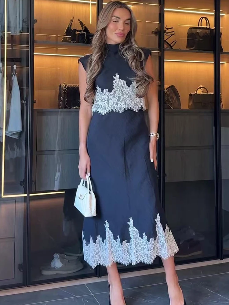 New Women 2 Piece Set Lace Patchwork Solid Slim Bodycon Street Style Sleeveless Tops And Midi Skirts Female Elegant Chic Suit image 3