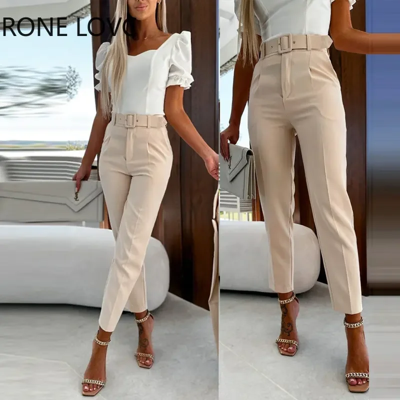 

2023 Women Solid with Belts Spring&Autumn Straight Working Ankle Length Pants