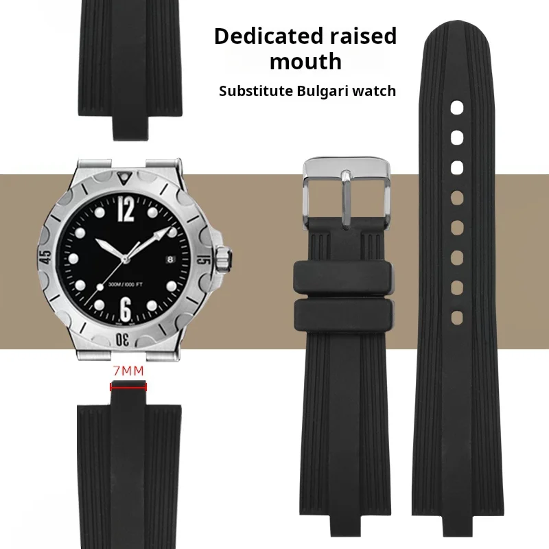 Soft Watchband for Bvlgari Diagono Series Convex Interface Waterproof Men 22MMx7MM Black Silicone Rubber Watch Strap Accessories