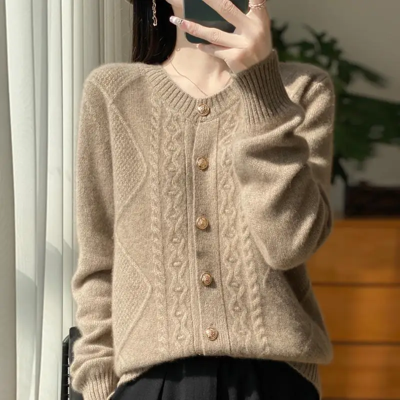 

Wool Thick Round Neck Jacket Jacquard Knit Sweater French Light Luxury Small Fragrance Wool Cardigan for Women