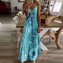 Letnia sukienka plażowa dla delikatnej kobiety Drukuj Sukienki na co dzień Bez rękawów Camisole V-Neck Maxi Tank Dress Moda damska Długie sukienki