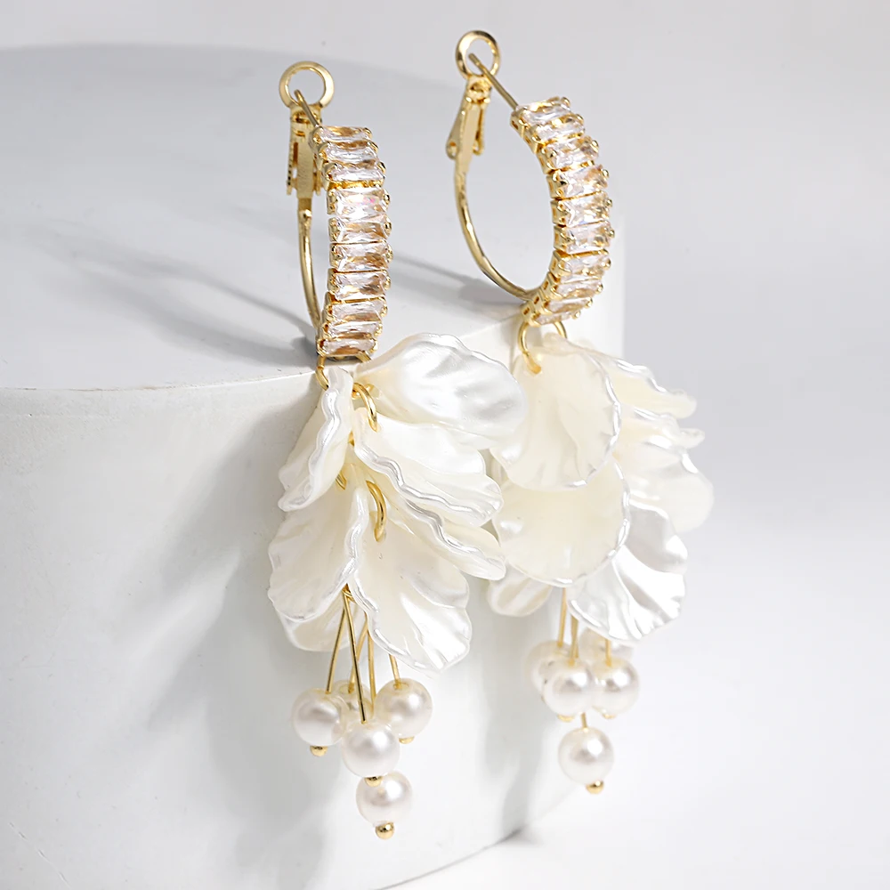 AENSOA White Tassel Shell Petal Flower Pearl Beaded Hoops Earring for Women Girl Elegant Wedding Bridal Floral Earring Jewelry