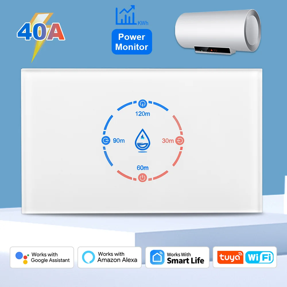 

Tuya Smart WiFi Smart Boiler Switch 40A 8800W Водонагреватель Стандартный переключатель США с монитором мощности Голосовой пульт Alexa Google home