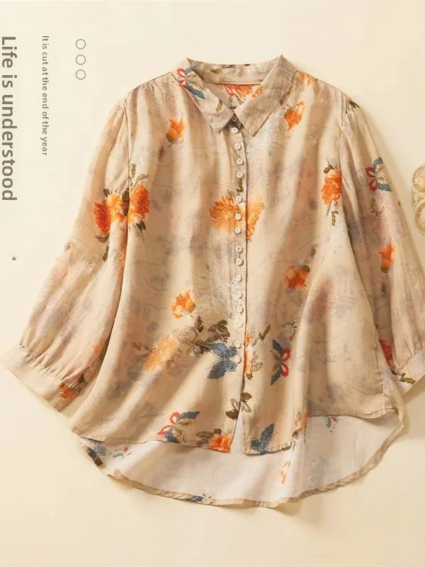 Retro Heavyweight Printed Slim Linen Shirt Elegant Turn-down Collar 7/8 Sleeve Lined Artistic Loose Top Women's Fashion