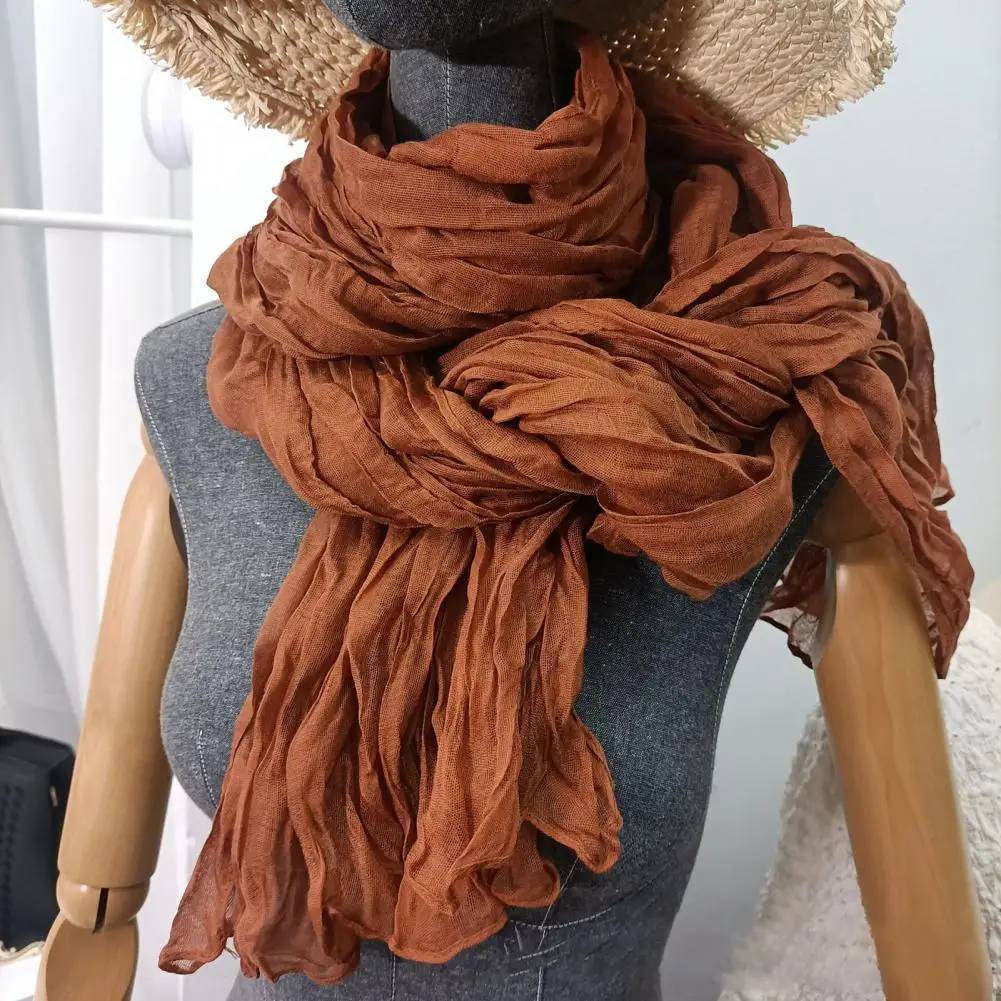 2024 Retro Inspired Women Scarf Solid Color Cotton And Linen Scarf Autumn Winter Pleated Long Shawl Men And Women's Warm Scarf