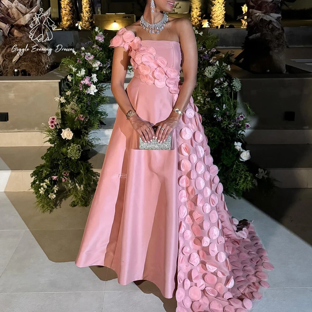 Robe de soirée saoudienne rose pour femmes, élégante robe de bal trapèze en Satin, asymétrique épaule dénudée, avec des appliques, pour Occasions spéciales, personnalisée