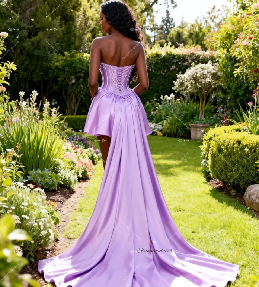 Purple Satin High Low Prom Dress 2026 Elegant Sweetheart Mini Cocktail Dresses Beaded Corset High School Junior Homecoming Gown