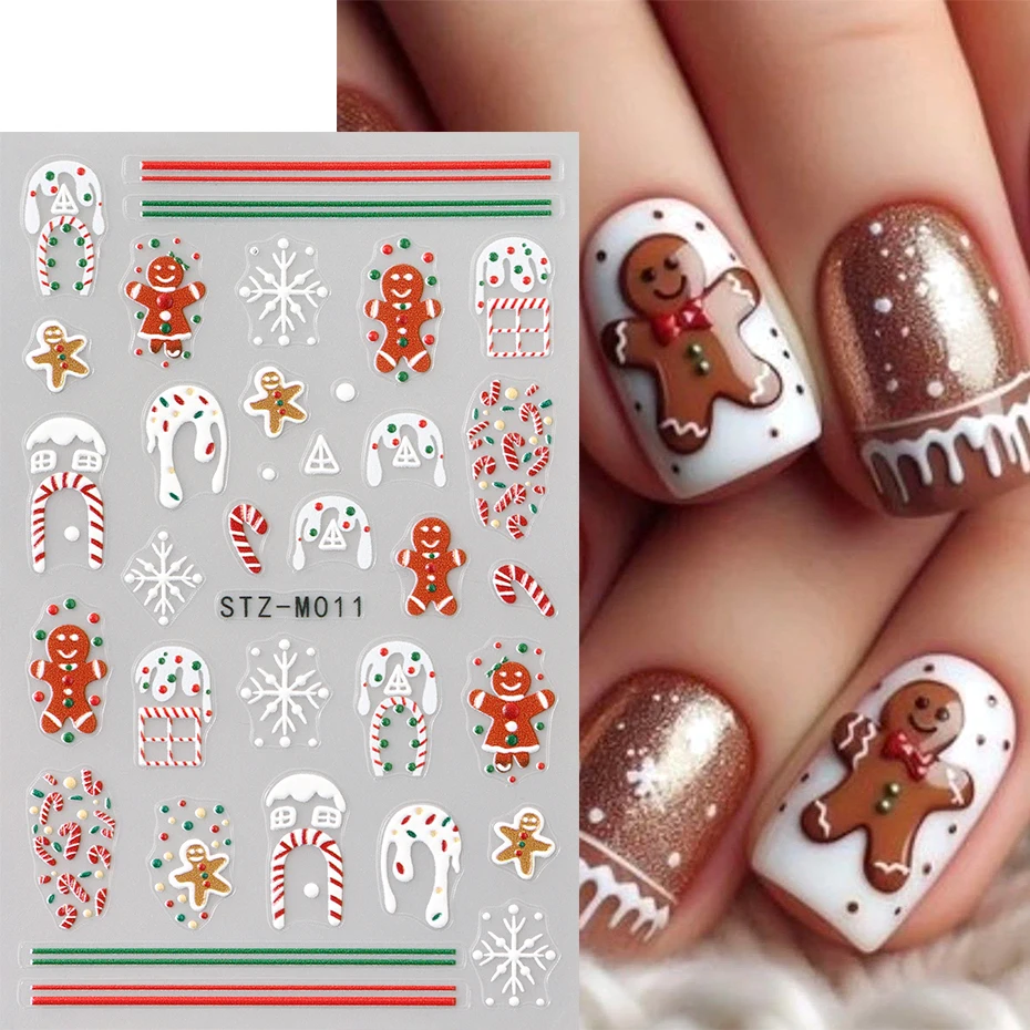 2pcs Gingerbread Man Candy Cane Nail Art Stickers 3D Winter Snowflake Biscuit House Christmas Decal Nail Art Decoration Manicure