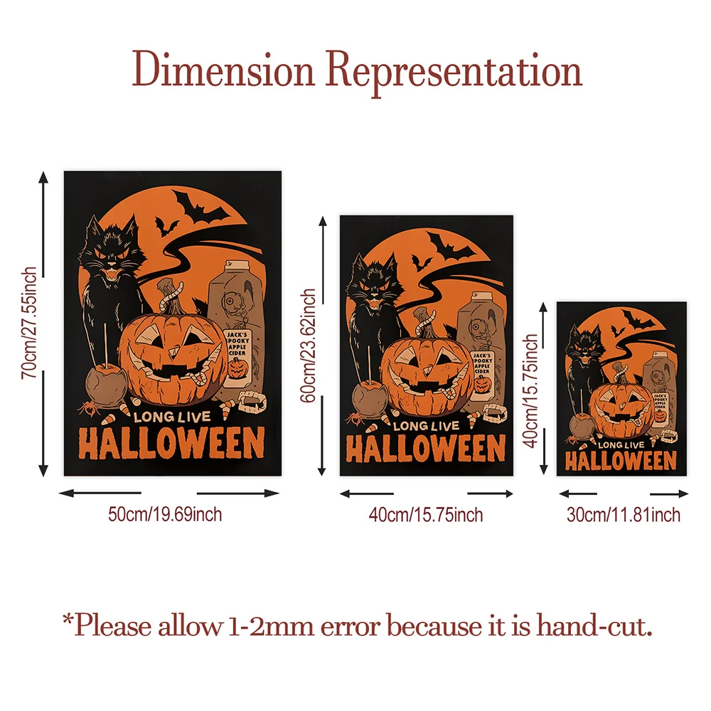 Halloween Canvas Print Poster Creepy Cat Pumpkin Design Eye Catching Bold Color Palette Game Room Living Room Study Area Decor