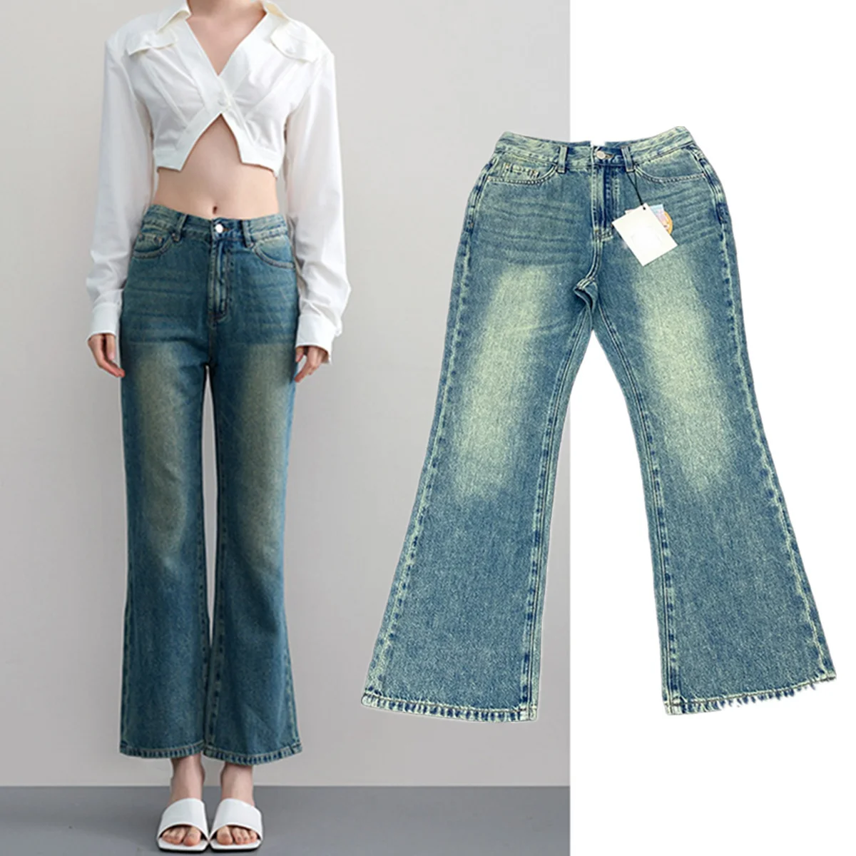 Jenny&Dave Pantaloni in denim svasato slim fit in cotone a vita alta nordici Pantaloni in denim lavati sulla pelle Jeans corti per le donne