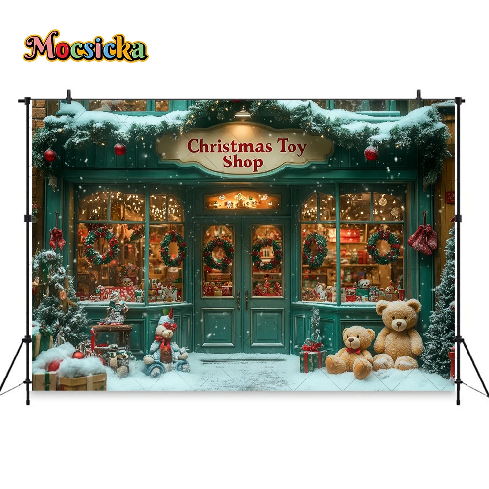 Green Christmas Shop Background Photography Glitter Santa Gift Workshops Toy Bear Backdrop Decor Winter Snowy Kids Photo Studio