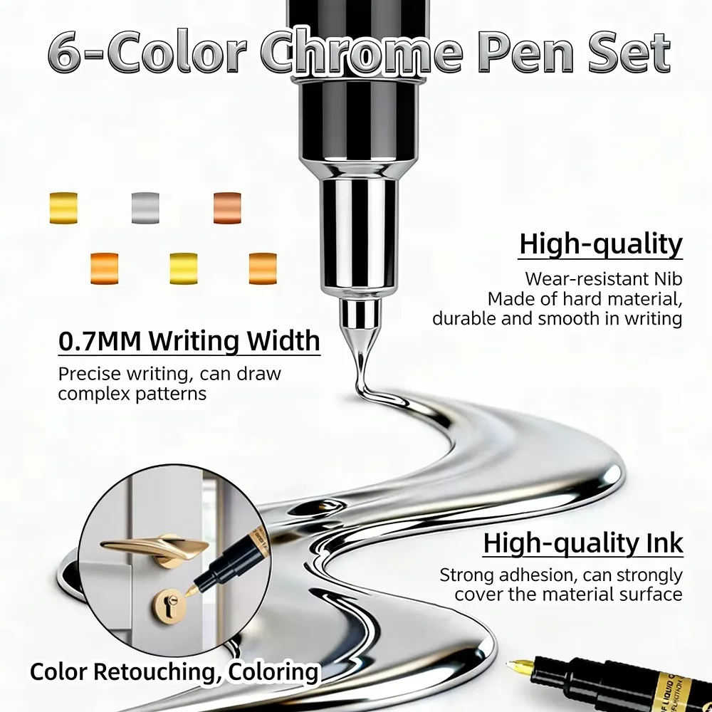 0.7mm 6 Colors Mirror Marker Pen DIY Reflective Paint Pens Chrome Markers Gold Silvery Copper Model Painting Repainting