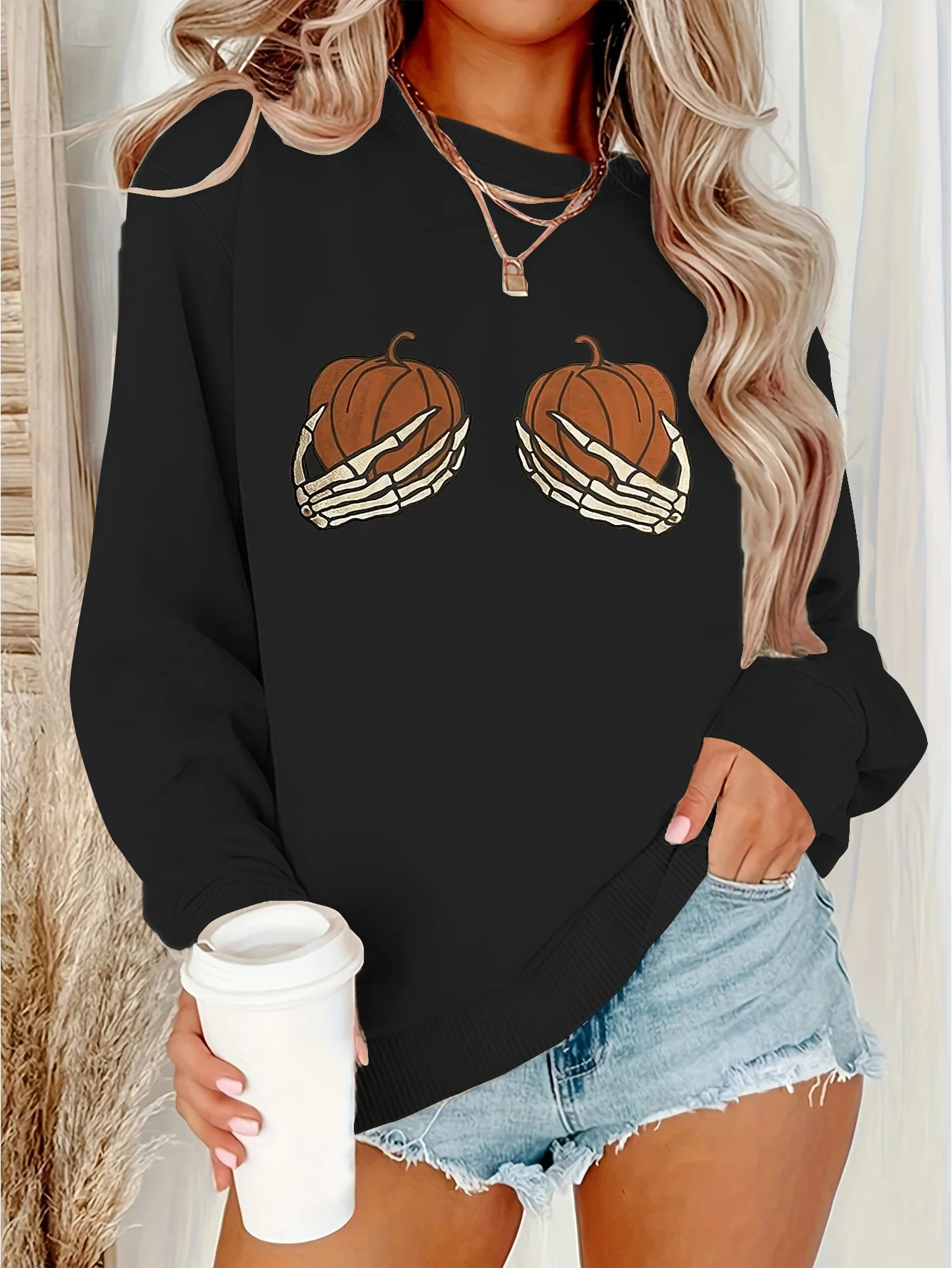 

Женская книга со скелетом и тыквой, рыболовная чешуя, свитер без шляпы с круглым вырезом, свободный топ, модные тенденции, повседневная осень-зима