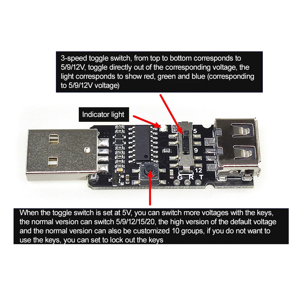 5V/9V/12V/15V/20V Decoy Adjustable Voltage USB Type-A QC 2.0 3.0 DC Trigger Module Board Trigger Switch Drive Module